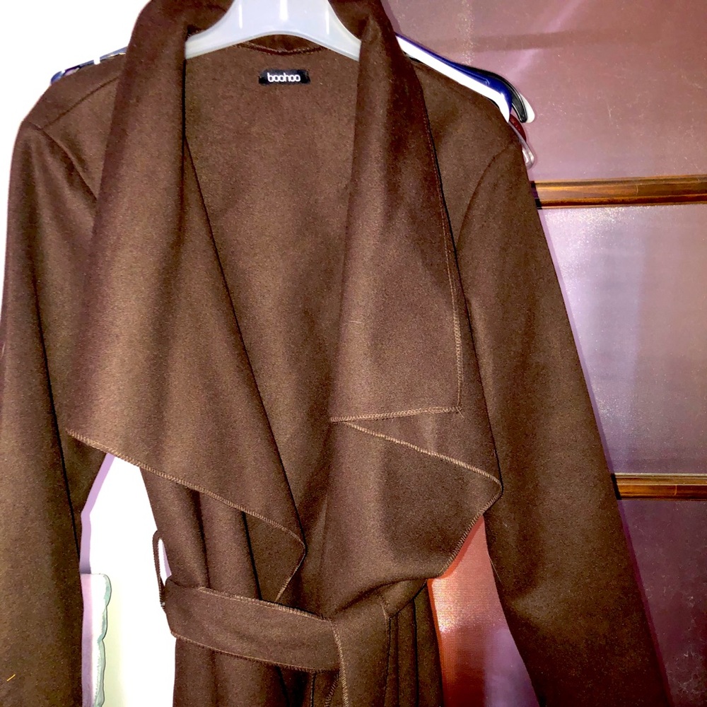 Brown coat with sash and waterfall collar
